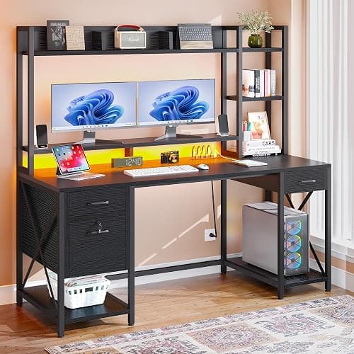 DWVO Computer Desk with Drawers & Hutch, 59.1" Office Desk with Power Outlets & LED Lights, Home Office Desk with Storage Shelves, Black - Image 1