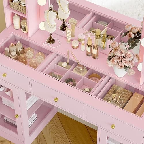 Wodeer Makeup Vanity Desk with Mirror and Lights, Pink Vanity with Glass Top, LED Lights & Power Outlet, 3 Drawers & 2 RGB Glass Cabinets, Adjustable Lighted Dressing Table for Women & Girls Bedroom thumbnail 6