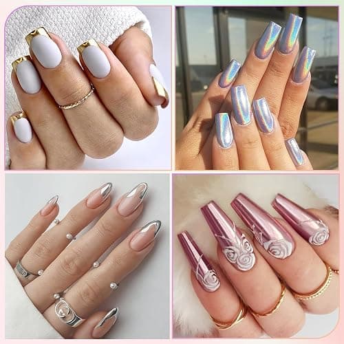 Gold Silver Chrome Nail Powder, DRMODE 6 Colors Metallic Mirror Effect Pink Light Purple Champagne Chrome Powder for Nails, Unicorn Iridescent Holographic Pigment Dust for Nail Art thumbnail 5
