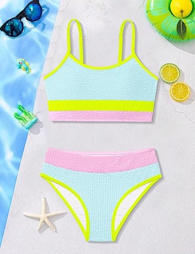 TALLWH Girls Bathing Suit Color-Block Adjustable Straps Bikini Sets Girls Two Piece Swimsuits with Chest Pad Swimwear 7-18T thumbnail 5