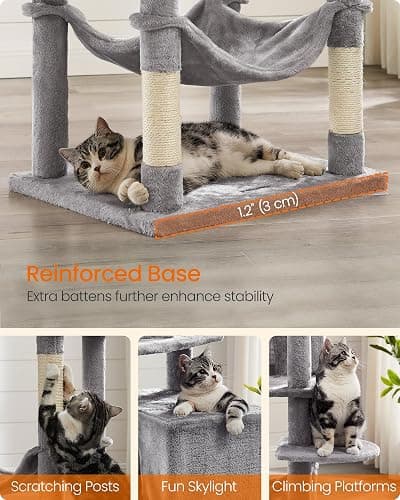 Feandrea Cat Tree, 73.2-Inch Tall Cat Tower, Plush Multi-Level Condo with 5 Scratching Posts, 2 Perches, 2 Caves, Hammock, 2 Pompoms, Light Gray UPCT191W01 thumbnail 8