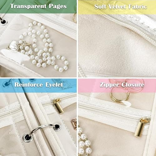 LingLingo Travel Jewelry Organizer Case,Jewelry Bags Jewelry Storage Book Binder with Clear Zipper Velvet Pouch for Traveling,Earrings, Rings, Necklace, Bracelet (White) thumbnail 5