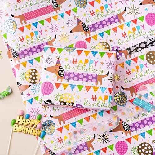 WRAPAHOLIC Dog Birthday Wrapping Paper - Mini Roll - 17 Inch x 16.5 Feet - Gold Foil Dachshund Dogs and Happy Birthday Wrapping Paper for Girl Boy Kids, Baby Shower thumbnail 7