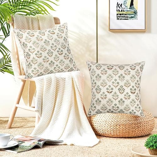 UXORSN 2 Packs Throw Pillow Covers Outdoor Waterproof 18x18 Spring Brown Green Block Print Pillowcase Vintage Floral Cushion Covers Linen Boho Farmhouse Pillow Cases for Garden Bedroom Living Room thumbnail 3