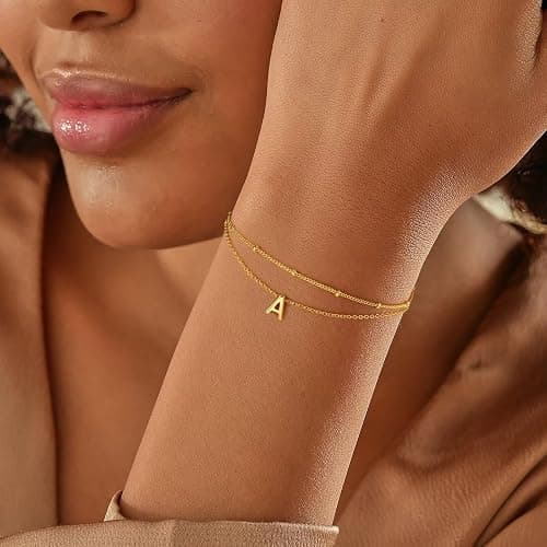 Turandoss Gold Initial Bracelets for Women, Dainty 18K Real Gold Plated Layered Letter A-Z Initial Bracelets Personalized 26 Alphabet Monogram Gold Bracelets for Women Jewelry Gifts Trendy thumbnail 3