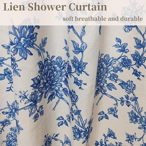 MUGINYU Blue Vintage Floral Linen Shower Curtain-Toile Cottage Core Farmhouse Country Neutral Botanical Bath Curtain for Bahtroom Decor 72x72inch thumbnail 5