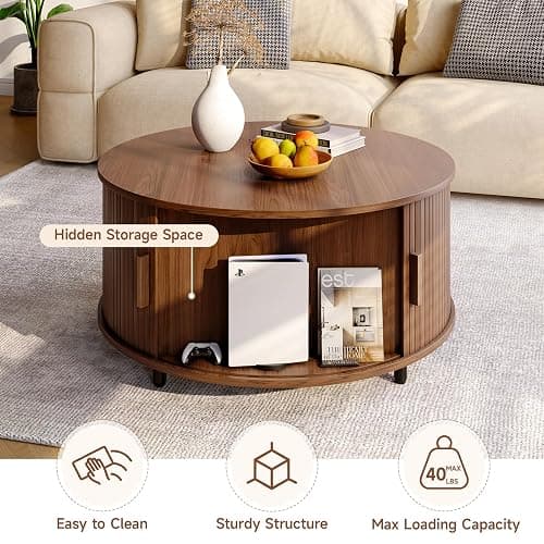 ONBRILL Round Coffee Table with Storage, 31.5" Modern Coffee Table with 360° Curved Sliding Door, Fluted Wood Accent Coffee Table with Adjustable Footpads, Round Center Table for Living Room, Walnut thumbnail 6