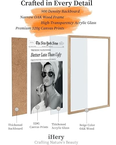 iHery Natural OAK Wood Audrey Hepburn Newspaper Trendy Framed Wall Art, 12x16 in Vintage Headline Canvas Bedroom Wall Decor, Better Late Than Ugly,Bathroom Artwork Apartment Girly Dorm Room 1Pack thumbnail 3