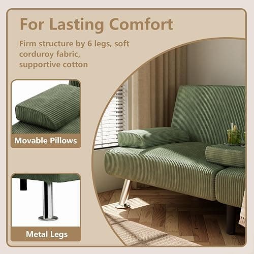 Flamaker Futon Sofa Bed Corduroy Folding Couch Adjustable Sleeper Sofa Bed for Small Apartment Upholstered Living Room Furniture Set with 2 Cup Holders Removable Armrests (Corduroy, Green) thumbnail 6