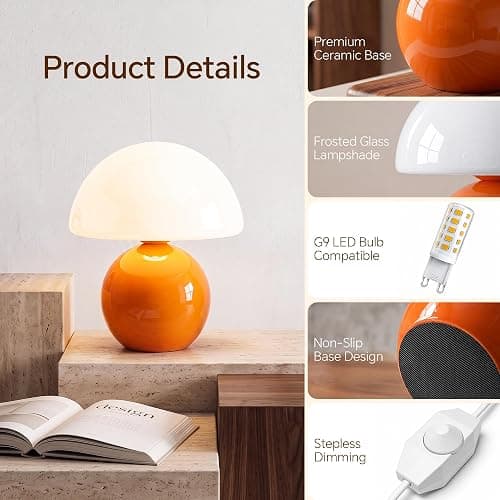 Dawnwake Mushroom Lamp Table Lamp for Bedroom-Small Desk Table Lamps,Orange | 8.7" Mid Century Modern Table Lamps for Living Room Bedroom Decor,Cute Ceramic Lamps for Mushroom Home Room Decor,Glass Shade thumbnail 6