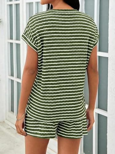 Tankaneo Womens Striped Summer 2 Piece Short Sets Short Sleeve T Shirts Drawstring Shorts Casual Outfits Lounge Pajama Sets thumbnail 5