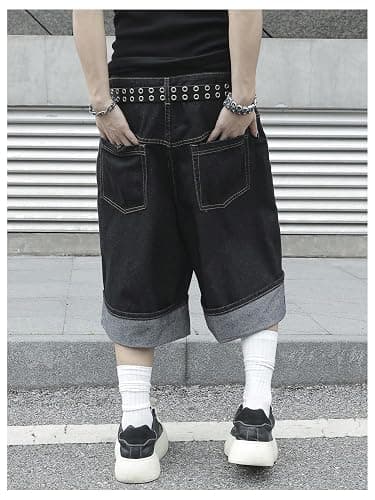 VIPWOLF Men's Jorts Y2K Jean Shorts Wide Leg Grunge Streetwear Bermuda Roll Up Hem Baggy Denim Shorts thumbnail 3