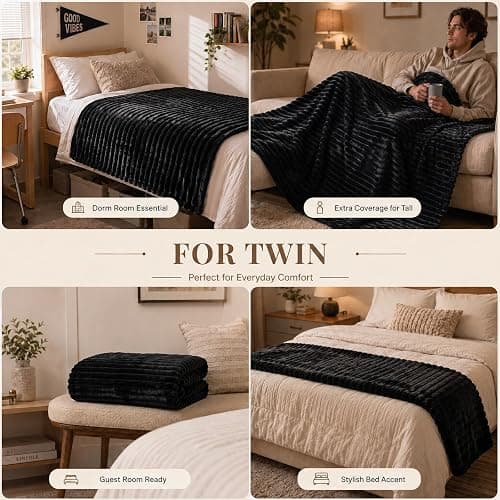 HIMEET Black Twin Blanket for Bed, 300GSM Ribbed Fleece, 60 x 80 Inches | Ultra Soft Flannel, All-Season Lightweight Warmth, Bed Layering Pick & Dorm Essential, Gift for Men & Women, Machine Washable thumbnail 5