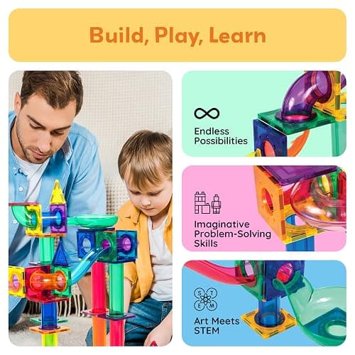 PicassoTiles 100 Piece Marble Run Magnetic Tiles Race Track STEM Ages 3+ | BPA-free ABS plastic, reinforced edges, curved slopes and U-turns, steel balls included, open-ended maze layouts, shared play thumbnail 2