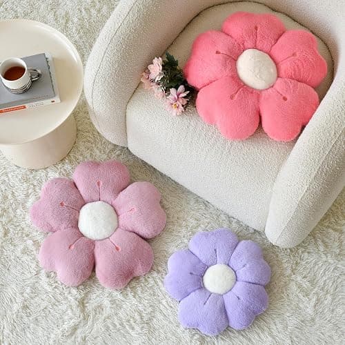 Flower Shaped Pillow, Cute Decorative Throw Pillow with Soft Artificial Rabbit Fur for Couch Bed Chair Floor, Flower Pillows Seating Cushions with Room Décor for Bedroom Living Room (14.9" Lavender) thumbnail 3