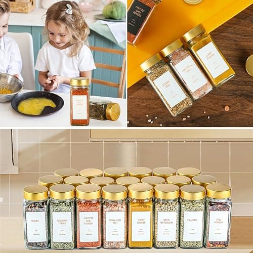 TESUNMU Gold Spice Jars with Label，4oz Seasoning Containers, Glass Spice Bottles with Shaker Lids,Funnel, Chalk Pen for Cabinet，Drawer，Rack(24) thumbnail 8