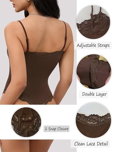 Starrylion Lace Body Suit Square Neck Tops for Women Sleeveless Spaghetti Strap Tank Top Bodysuits for Women Sexy Jumpsuit thumbnail 5