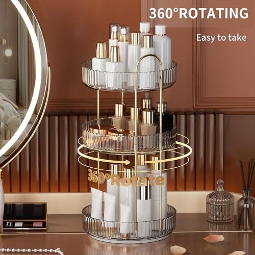 YCIA&DONE 360 Rotating Makeup Organizer and Storage for Vanity Countertop 3 Tiers, High Capacity Cosmetic Skincare Perfume Organizers for Dresser Bathroom Lazy Susan (Clear White) thumbnail 2