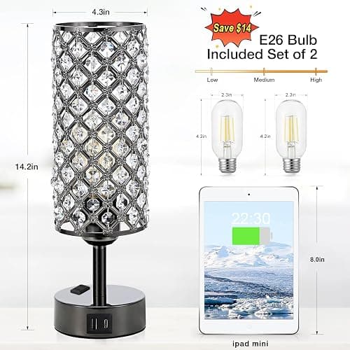Hong-in Crystal Table Lamp Touch Control Set of 2, 3-Way Black Crystal Lamps with USB C+A Ports & AC Outlet, Dimmable Nightstand Desk Lamps,Modern Bedside Table Lamp for Bedroom(Bulbs Included) thumbnail 4