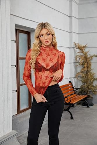 siliteelon Lace Tops for Women Mesh Long Sleeve Top Sheer Lace Shirt Floral Mock Neck Party Club Lace Undershirt thumbnail 2