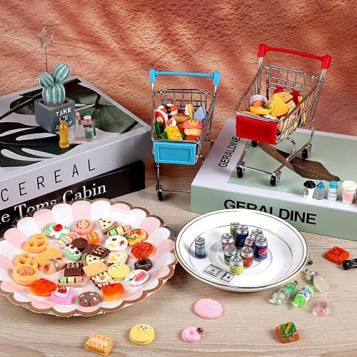 134pcs Mini Shopping Cart Basket Miniature Food Drink Bottle Supermarket Metal Handcart Toys Doll House Store Cosplay Game Dollhouse Grocery Fruit Cake Bread Party Trolley Model Dollar Bills thumbnail 2