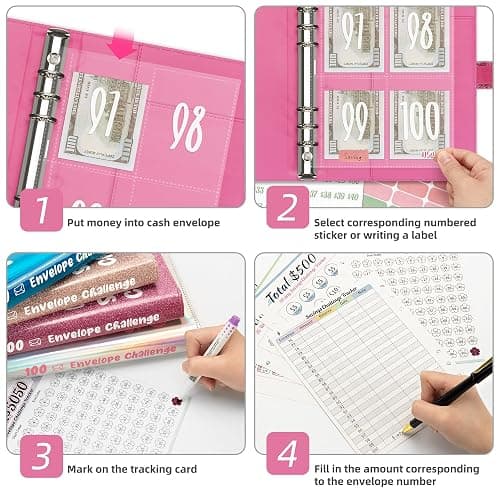 Ospelelf 100 Envelopes Money Saving Challenge Book 52 Week Budget Binder with Cash Envelopes to Save $10,000, Glitter Pink thumbnail 6