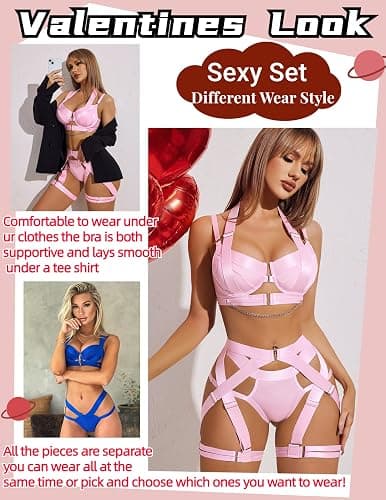 Avidlove Lingerie Set for Women Sexy Strappy Lingerie Underwire Push Up Bra Garter Set Lingerie with Chain - Small - Pink thumbnail 4