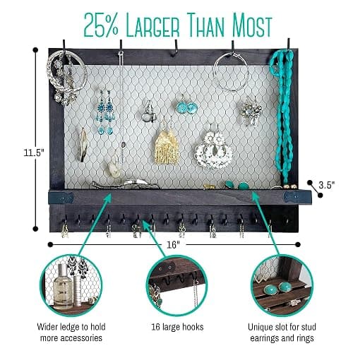 OUTSHINE Large Farmhouse Wall Jewelry Organizer (Espresso) | Wall Organizer For Earrings, Necklace, Bracelet, Hair Accessories | Chicken Wire Earring Holder | For Women, Wife, Mom, Girlfriend thumbnail 2