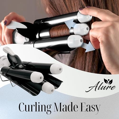 Alure Three Barrel Curling Iron Wand Hair Waver with LCD Temperature Display - 1 Inch Ceramic Tourmaline Triple Barrels, Dual Voltage Crimp (Black/White) thumbnail 5