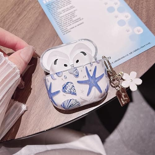MINSCOSE Compatible with AirPods 4 Clear Case,Cute Beautiful Seashell and Starfish Pattern Design with Keychain, Soft TPU Protective Shockproof Cover for AirPods 4 for Women Girls-Blue thumbnail 3
