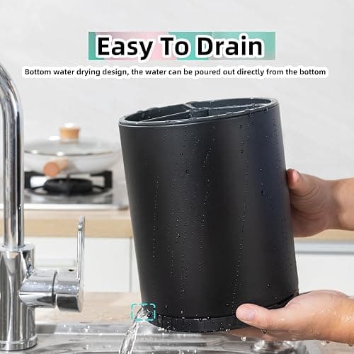 LIBODOUR Kitchen Utensil Holder Extra Large 360°Rotating For Counter Organizer Stainless Steel Storage Cooking Silverware Caddy 3 Compartment Flatware Spoon Spatula Tool Cutlery Container(Black) - Large - black thumbnail 6