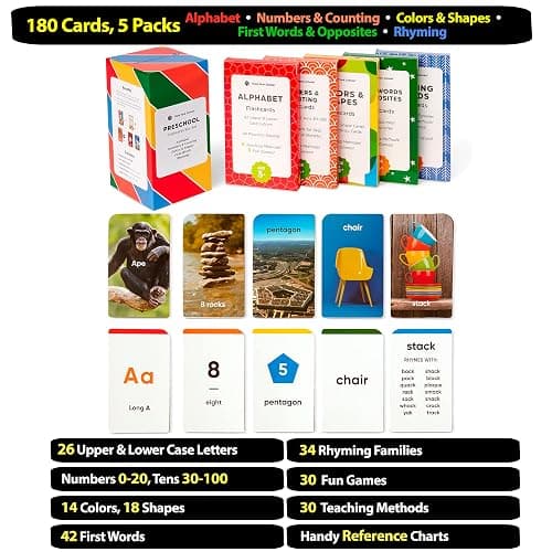 Award-Winning Flash Cards for Preschool & Kindergarten – 5-Deck Set, 180 Jumbo Cards – Learn Alphabet, Numbers, Colors, Shapes, First Words, Opposites & Rhyming – for Kids Ages 2–5 thumbnail 2