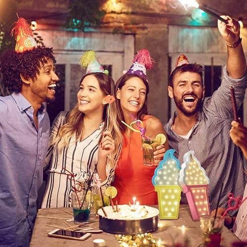 Mudder 2 Pcs Ice Cream Decor Wooden LED Night Light Romance Atmosphere Light Ice Cream Theme Party Lamps Battery Operated LED Night Lights for Spring Party Birthday Wedding(Blue-Yellow) thumbnail 5