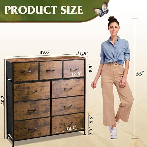 WLIVE 9-Drawer Dresser, Fabric Storage Tower for Bedroom, Hallway, Entryway, Closet, Tall Chest Organizer Unit with Fabric Bins, Steel Frame, Wood Top, Easy Pull Handle, Rustic Brown Wood Grain Print thumbnail 3