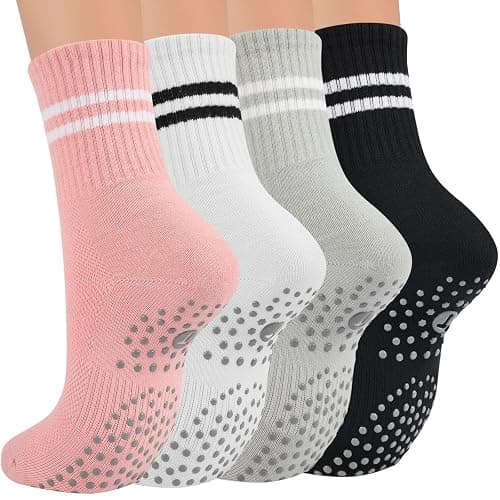 Toes Home Pilates Socks for Women with Non Slip Grippers, Yoga Crew Socks for Barre Hospital Sticky Slipper Socks 4 Pairs - Image 1