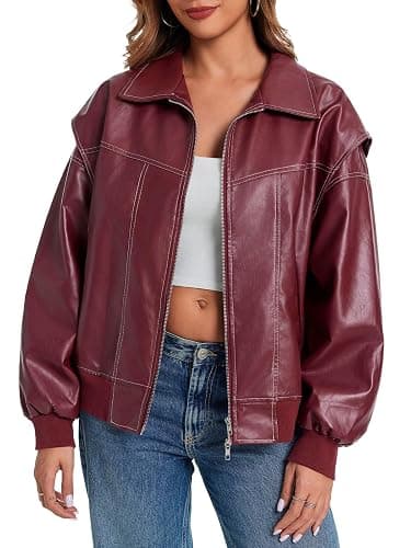 Tankaneo Womens Oversized Leather Bomber Jackets Cap Sleeve Zip Up Motorcycle Coats with Pockets thumbnail 3