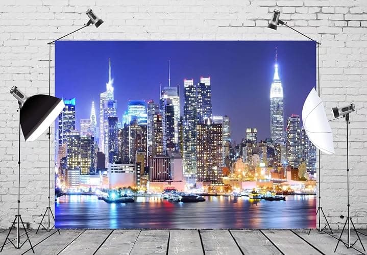 BELECO 7x5ft Fabric New York City Backdrop Manhattan Skyscraper Night View NYC Skyline Background Wallpaper New York Theme Party Decorations Artistic Portrait Shoot Photo Studio Props thumbnail 2