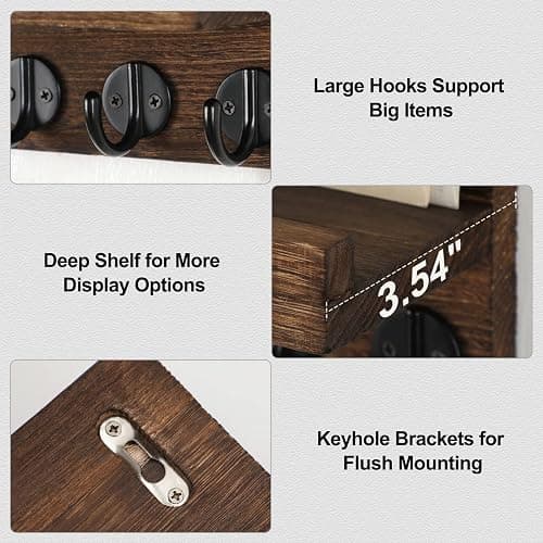 Lwenki Key Holder for Wall, Decorative Key and Mail Holder with Shelf Has Large Key Hooks for Bags, Coats – Paulownia Wood Key Hanger with Mounting Hardware (9.8”W x 6.7”H x 4.2”D) (Brown) thumbnail 4