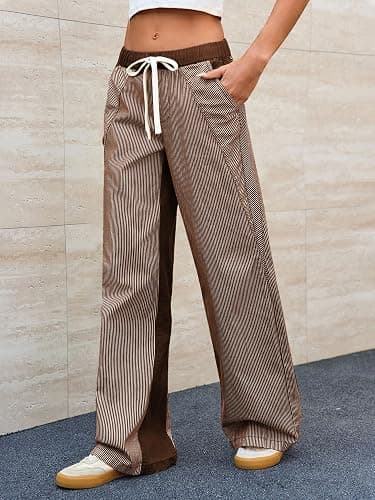 PEIHOT Low Rise Striped Pants for Women Pull On Drawstring Boho Wide Leg Jeans Trendy 2026 thumbnail 3