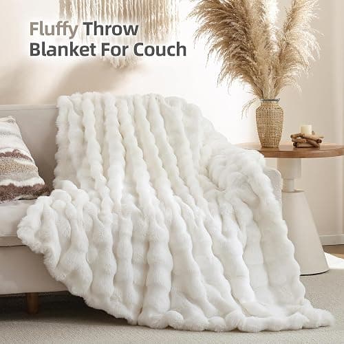 Smoofy Faux Fur Throw Blanket for Couch – Cream White Fluffy Cozy Rabbit Fleece, Plush Soft Bubble Blanket for Sofa & Bed, for Mom, Warm Fuzzy Home Room Decor Throw 50" x 60" thumbnail 4