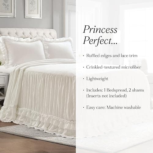 Lush Decor Ella Ruffle Lace Bedspread, 3 Piece Set, Queen, White - Cute Bed Set - Queen Bedding - White Bedding - Coquette Decor - Ruffle Trim - Lace Trim thumbnail 6