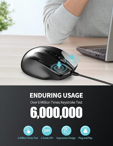 TECKNET USB Wired Mouse, 6-Button Corded Computer Mouse with 4 Adjustable DPI, Optical Computer Mice with Ergonomic Design and 5FT Cord for Laptop, Chromebook, PC, Desktop, Mac, Notebook-Black thumbnail 4