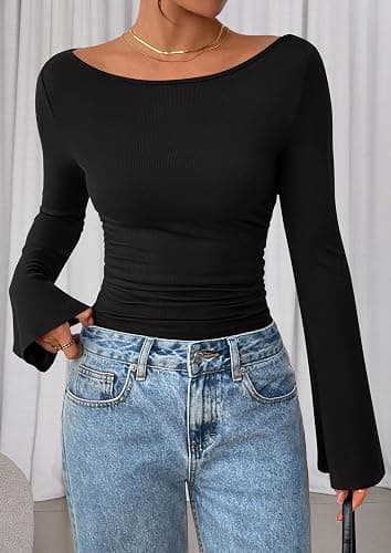 PRETTYGARDEN Women's Long Sleeve Shirts 2025 Fall Crop Going Out Tops Casual Boat Neck Bell Sleeve Ribbed Ruched Y2K Clothes thumbnail 8