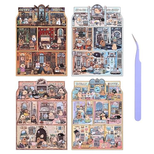 Girls 3D Miniature Scene Stickers,4 Sets Visit the Store DIY House Stickers for Space Cruise,Ocean Hotel,Egypt Hotel,Stone Age,Cute 3D Cartoon Sticker Scenes for Adult Kids Relief Stress Pass The Time - Image 1