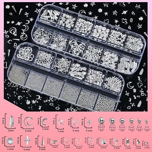 Teenitor Silver Nail Charms and Gems Kit, 4 Boxes Nail Gems Silver Rhinestones for Nails, 3D Y2K Accessories Nail Decor, Cross Charms for Nails Design Star, Caviar Beads for Nails Art thumbnail 4