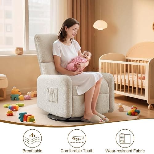 Korser 360° Swivel Glider Chair, Rocking Chair Nursery with Side Pockets, Deep Cushioned Seat, Nursery Chair with Steel Structure Base, Sherpa Swivel Chairs for Living Room, Bedroom, Khaki thumbnail 5