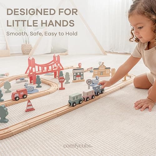 Comfy Cubs 100-Piece Wooden Train Set for Toddlers Ages 1+, Fun & Eco Friendly Toddler Train Set with Wooden Toy Tracks - Creative Toy Town Promoting Imaginative Play with Flexible Configuration thumbnail 4