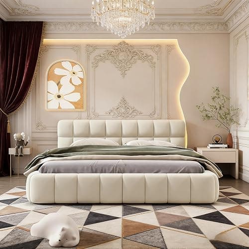BRILVERDE Upholstered Bed with Slatted Frame and Backrest, Double Bed, Youth Bed, Flat Bed with Padded Border, Padded Bed, Youth Bed Frame, Linen (Beige, 140 x 200 cm) thumbnail 3
