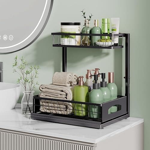 Under Sink Organizer , 2 Pack Height Adjustable Cabinet Organizer with Slide Out Drawer, Pull Out Under Sink Storage, Multi-Purpose 2 Tier Sink Shelves for Kitchen Bathroom Pantry (Black, 2 Pack) thumbnail 7
