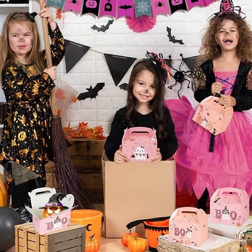 Konsait Halloween Boo Boxes, 12 Pack Kraft Paper Halloween Boo Treat Boxes Bulk, Pink Halloween Cookie Boxes, Halloween Boo Birthday Goody Boxes thumbnail 4